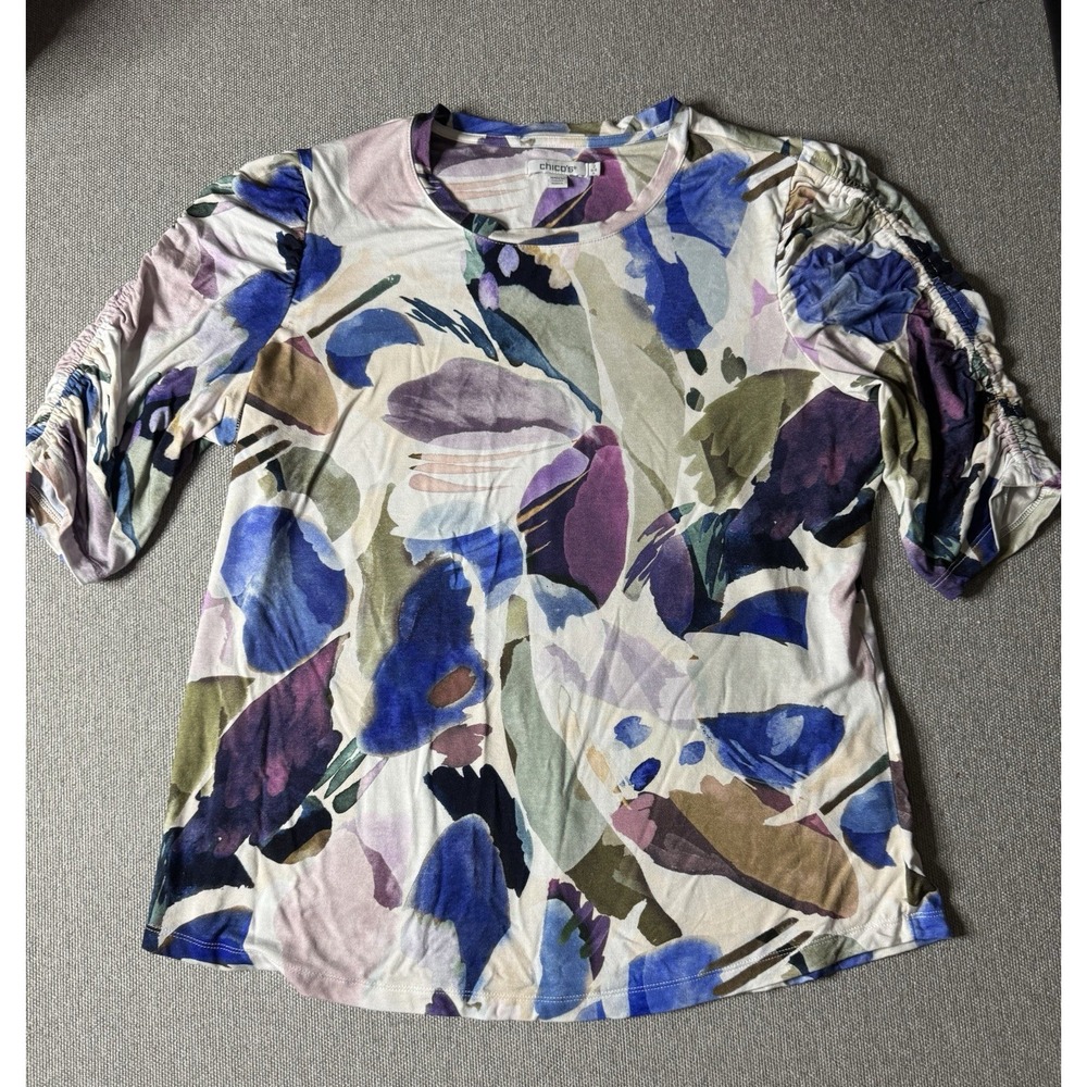 Chico's Women's Multicolor Geometric Design Blouse With Cinched Arms Size Medium